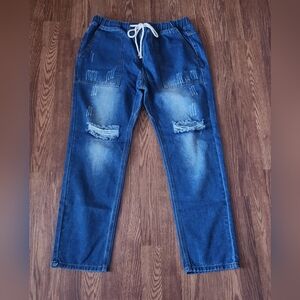 Women's Blue Distressed Straight Leg Jeans